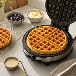 Waffle dorato in cottura nella piastra aperta