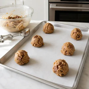 Portions de pâte à cookies sur une plaque chemisée
