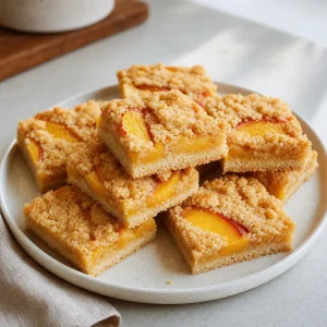 Fertige Pfirsich-Shortbread-Schnitten auf einem Teller