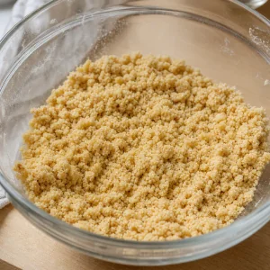 Sandy shortbread crumb mixture in a bowl