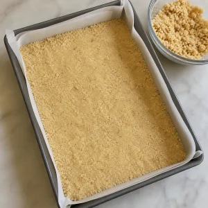 Shortbread crumb base pressed into a lined pan