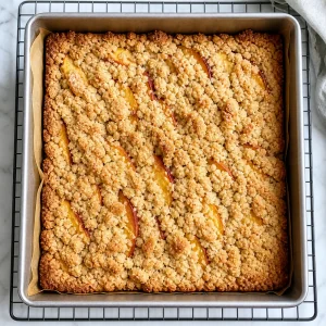 Baked peach shortbread slab cooling in the pan