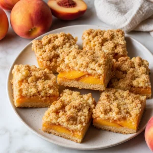 Finished peach shortbread bars on a plate