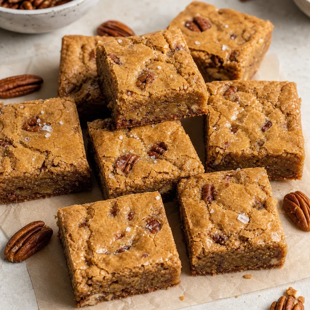 Finished brown butter pecan blondies cut into squares