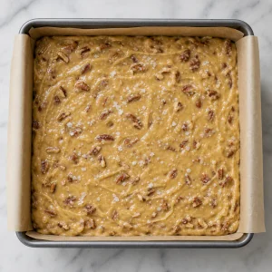 Pecan blondie batter spread in the lined pan