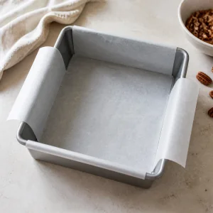 Square baking pan lined with parchment paper