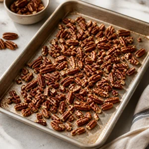 Toasted pecans spread on a baking sheet