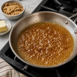 Brown sugar butter glaze bubbling in a small skillet
