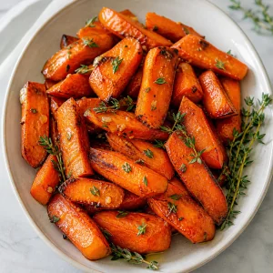 Brown sugar glazed roasted carrots with fresh thyme on a serving platter