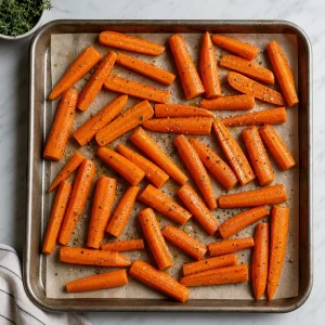 Carrot pieces tossed with olive oil, salt, and black pepper on a baking sheet
