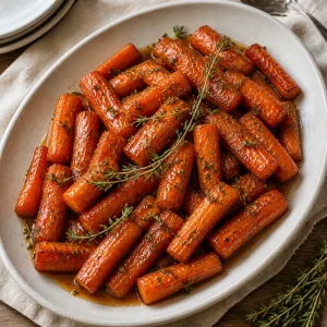 Glazed carrots served in a dish with fresh thyme sprigs