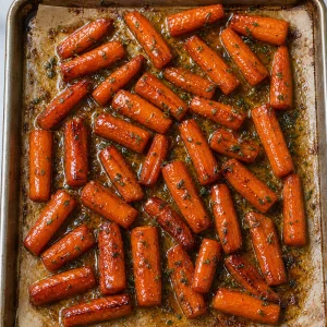 Glossy glazed carrots with thyme on the baking sheet