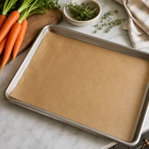 Parchment-lined rimmed baking sheet ready for carrots