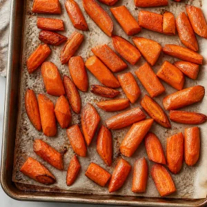 Roasted carrot pieces browned at the edges on a baking sheet