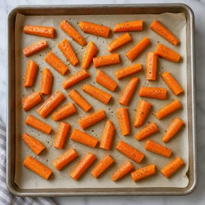 Seasoned carrot pieces spread in a single layer on a baking sheet