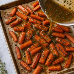 Warm thyme glaze poured over roasted carrots on the baking sheet
