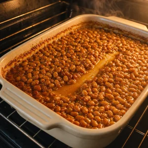 Baked beans bubbling around caramelized edges in the oven
