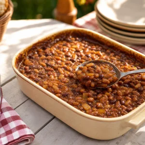 Brown sugar mustard baked beans in a ceramic casserole