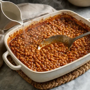 Hot water added to loosen finished baked beans