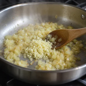 Minced garlic added to softened onion in a skillet