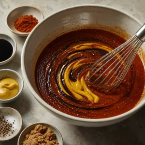Mustard and molasses bean sauce being whisked in a bowl