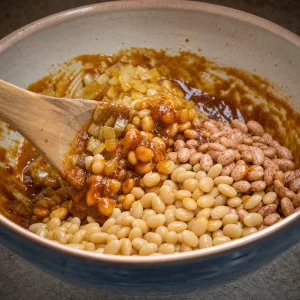 Navy and pinto beans being folded into mustard sauce