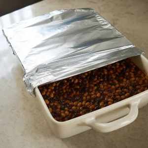 Sauced beans in a baking dish being covered with foil