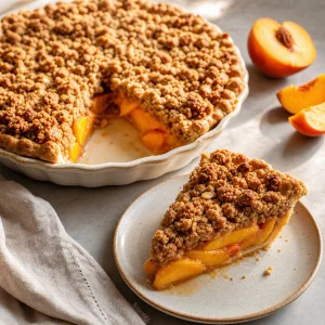 Torta de pêssego com streusel de açúcar mascavo e uma fatia no prato