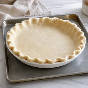 Chilled unbaked pie shell on a rimmed baking sheet