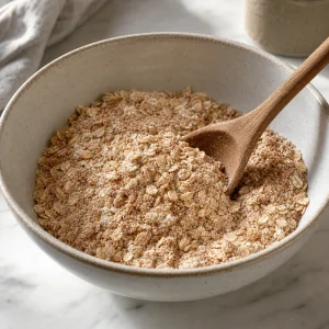 Dry oat and brown sugar streusel mixture in a bowl