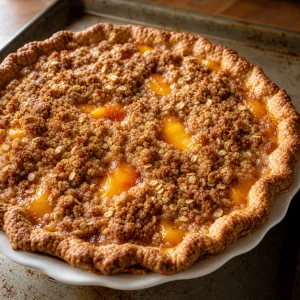 Golden streusel peach pie with filling bubbling through the topping