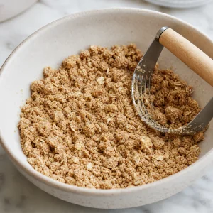 Oat streusel mixed into fine crumbs and buttery clusters