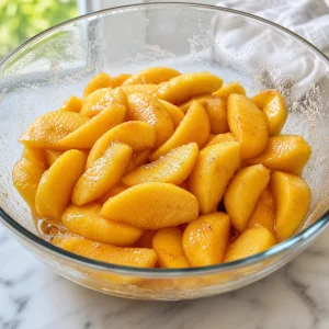 Peeled peach slices mixed with sugar and cinnamon