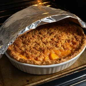 Streusel peach pie loosely tented with aluminum foil