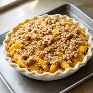 Unbaked peach pie covered with loose oat streusel