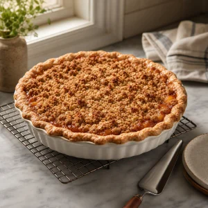 Whole streusel peach pie cooling on a wire rack