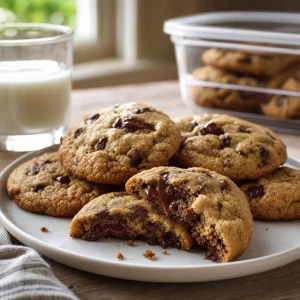 Finished browned-butter stout chocolate chip cookies served warm.