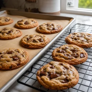 Freshly baked chocolate chip cookies cooling on a rack.