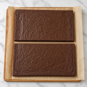 Cooled brownie sheet cut into two rectangles