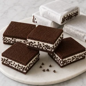 Finished bars with mini chocolate chips on the ice cream edges