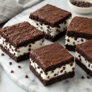 Finished brownie ice cream sandwich bars with vanilla centers