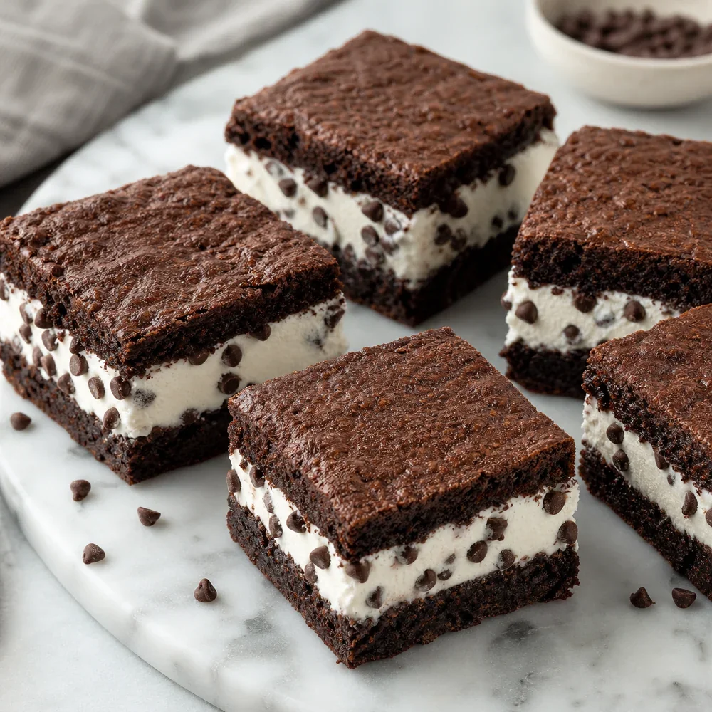 Finished brownie ice cream sandwich bars with vanilla centers