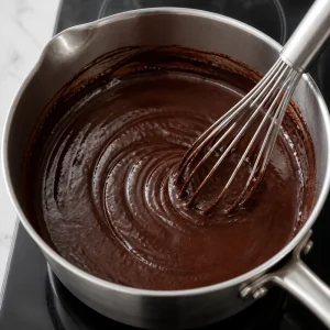 Glossy chocolate brownie mixture in a saucepan