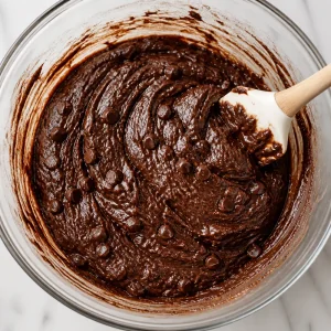 Thick brownie batter with chocolate chips in a bowl
