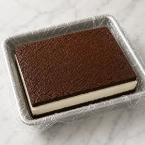 Vanilla ice cream spread between brownie layers