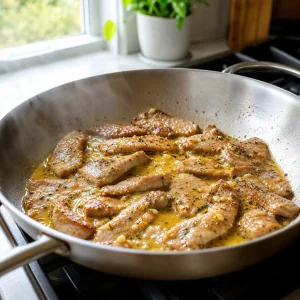 Citrus mojo pork glazing in a skillet