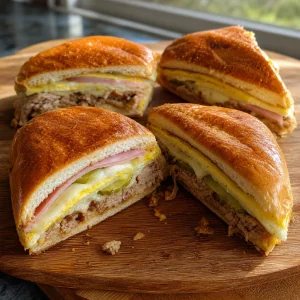 Finished brunch medianoche sandwiches cut diagonally