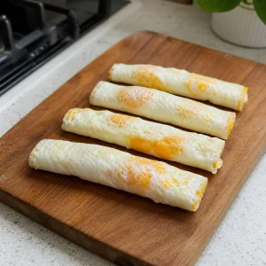 Four folded fried eggs shaped to fit the rolls