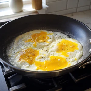 Four seasoned eggs with broken yolks in a skillet