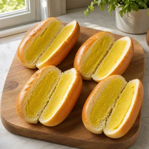 Four split sweet rolls spread with yellow mustard